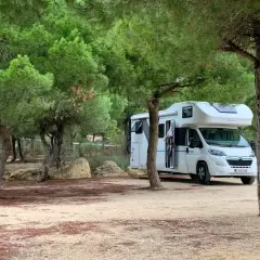 Un camping-car blanc est garé dans un endroit paisible, un spot camping-car sauvage, entouré de pins et de rochers.