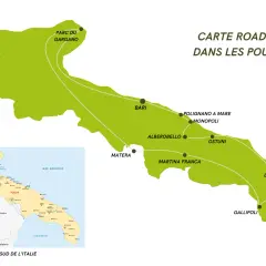 Carte d'un road trip en camping-car dans les Pouilles, montrant le trajet de Gargano à Otranto, en passant par Bari, Alberobello et Lecce.