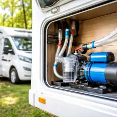 Pompe à eau de camping-car, élément clé pour la durée de vie de votre système. Vue rapprochée du moteur bleu et du filtre transparent.