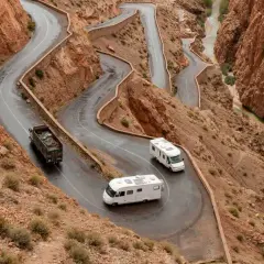 Deux camping-cars naviguent sur une route sinueuse à flanc de montagne au Maroc, traversant un paysage désertique spectaculaire.