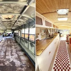 Avant/après : un bus aménagé en habitation confortable, avec cuisine, coin repas et banquette.