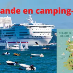 Un ferry Brittany Ferries navigue près de l'Irlande. La carte montre les villes et les mers, avec un camping-car vert. Idéal pour planifier le prix traversée France Irlande en camping car.