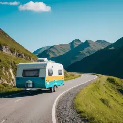 Une caravane colorée suit un itinéraire sinueux à travers des montagnes verdoyantes sous un ciel bleu clair.