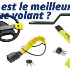 Comparatif d'antivols pour camping-car : un modèle universel, un antivol de volant, une chaîne jaune et un modèle avec alarme.