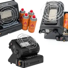 Chauffage gaz camping-car : plusieurs appareils et cartouches de butane. Attention au danger d'utilisation en intérieur.