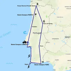 Carte d'un road trip Portugal en van, de Porto à Faro, passant par Lisbonne, avec des icônes de surf et de randonnée.