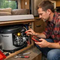 Un homme vérifie le **chauffe eau Truma** de son **camping-car** avec un appareil de mesure.