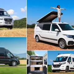 Collection de vans et fourgons aménagés, certains en extérieur, un avec une personne sur le toit, d'autres montrant l'intérieur.