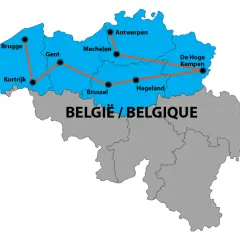 Carte de la Belgique avec un itinéraire suggéré pour découvrir les plus beaux endroits en camping-car : Bruges, Gand, Courtrai, Bruxelles, Malines, Anvers, Hageland et De Hoge Kempen.