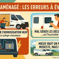 Conseils pour aménager un van : éviter l'oubli d'homologation VASP, mal gérer les découpes et l'humidité. Un projet modeste mais fiable est préférable.