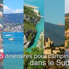 Collage de flamants roses, voiliers, Gorges du Verdon, Mont Ventoux et village provençal.