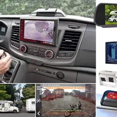 Installation d'une caméra de recul sans fil dans un camping-car. Le tableau de bord affiche l'image de la caméra, facilitant les manœuvres.