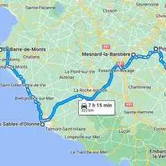 Itinéraire en camping-car en Vendée : de Noirmoutier à l'Abbaye de Nieul-sur-l'Autise, en passant par l'Île d'Yeu et le Puy du Fou. 322 km, 7h15.