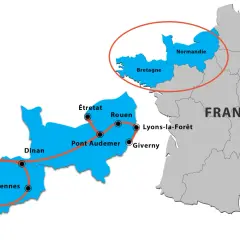 Carte de France montrant un itinéraire en camping-car à travers la Bretagne et la Normandie, incluant Étretat, Rouen et Giverny.