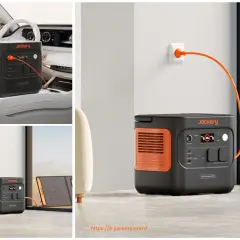 Station d'énergie Jackery en voiture, branchée au mur, et avec panneau solaire. Idéal pour savoir combien de temps pour recharger une batterie auxiliaire en roulant.