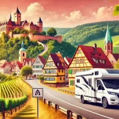 Camping-car sur une route sinueuse menant à un village pittoresque dominé par des châteaux allemands majestueux, entouré de vignobles verdoyants.
