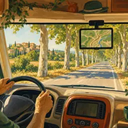 Vue depuis un camping-car sur une route bordée d'arbres menant à un village pittoresque. Le GPS affiche une carte, parfait pour un camping-car gratuit.