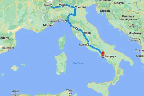Carte d'un itinéraire en camping-car en Italie du Nord, de Bard à Pompéi, passant par Milan, Vérone, Cinque Terre et Rome.