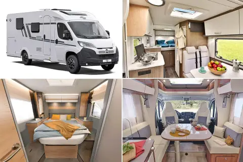 Camping-car 7m avec lit central confortable, cuisine fonctionnelle et coin repas convivial. Parfait pour vos escapades.
