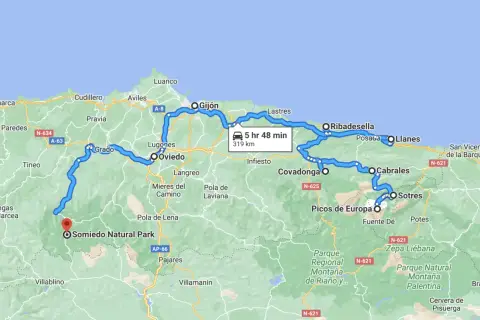 Itinéraire en camping-car à travers la Cantabrie et les Asturies, passant par Oviedo, Gijón, Picos de Europa et le parc naturel de Somiedo.