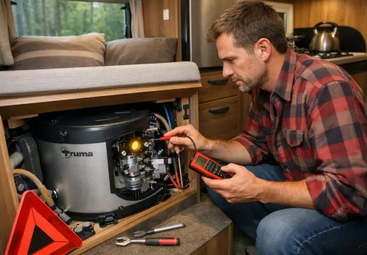 Un homme vérifie le **chauffe eau Truma** de son **camping-car** avec un appareil de mesure.