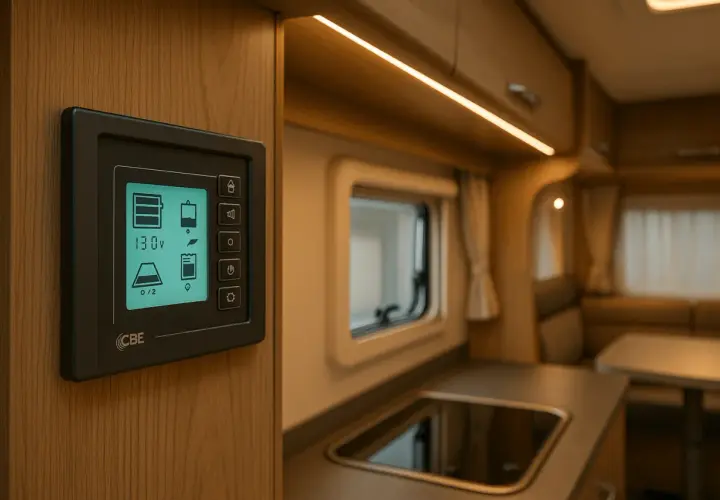 Tableau de commande cellule camping-car Fiat Ducato affichant 13.0V et l'état des batteries.