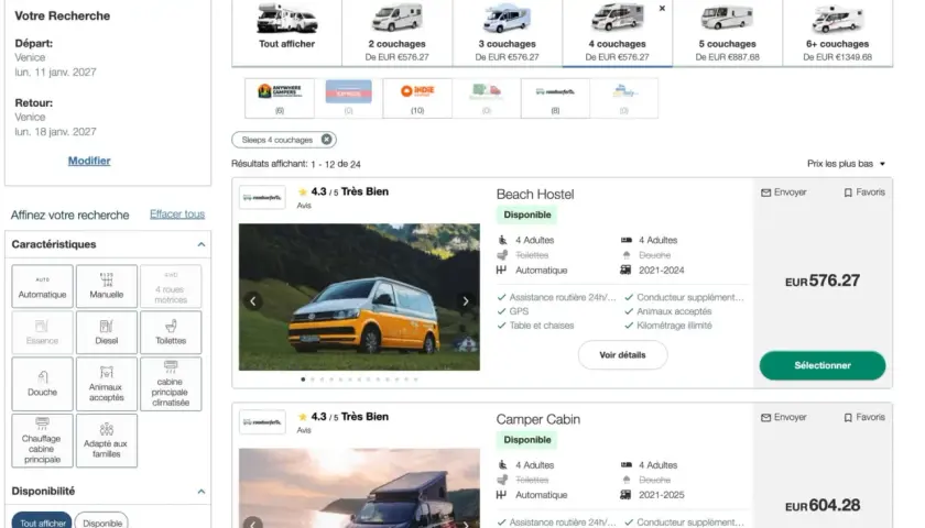 Location de camping-car à Venise : des options pour tous les budgets, avec des modèles de 2 à 6 couchages disponibles.