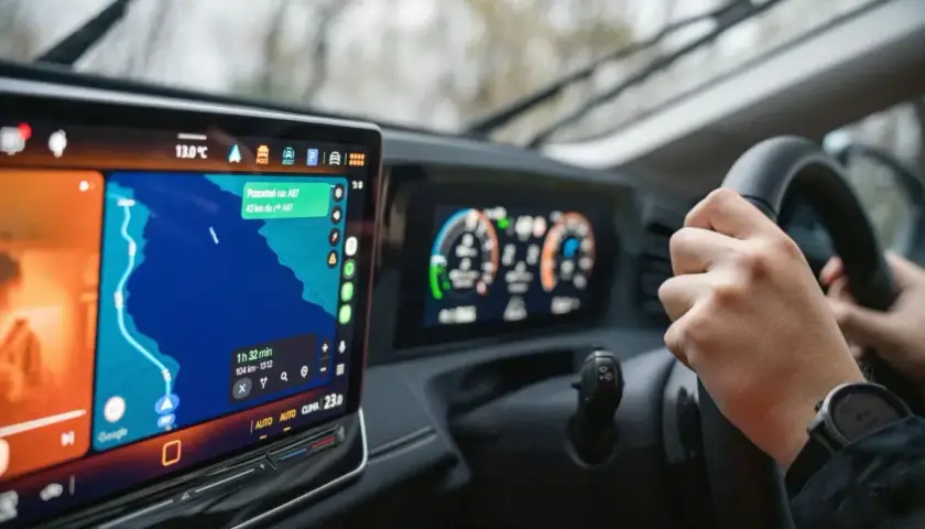 Vue du tableau de bord d'un camping-car avec GPS indiquant la route. Un avis GPS camping car pour un trajet de 42 km.