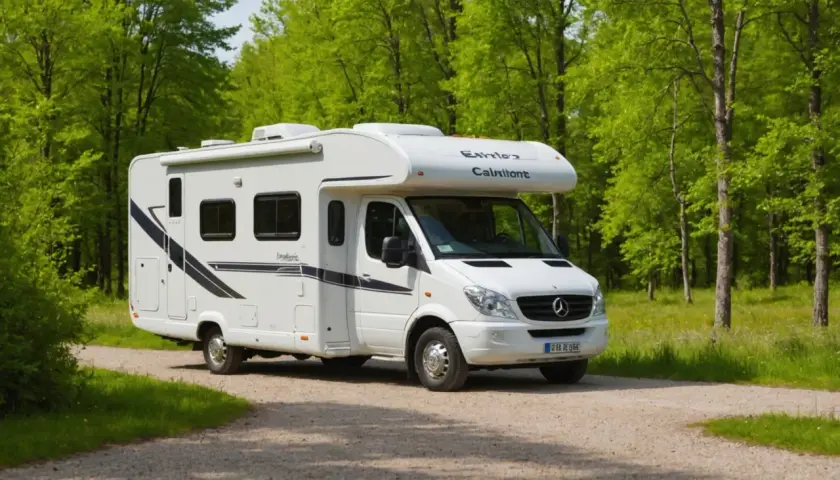 Un camping-car blanc, prêt pour une aventure naturiste, stationné sur un chemin de terre bordé d'arbres verdoyants.