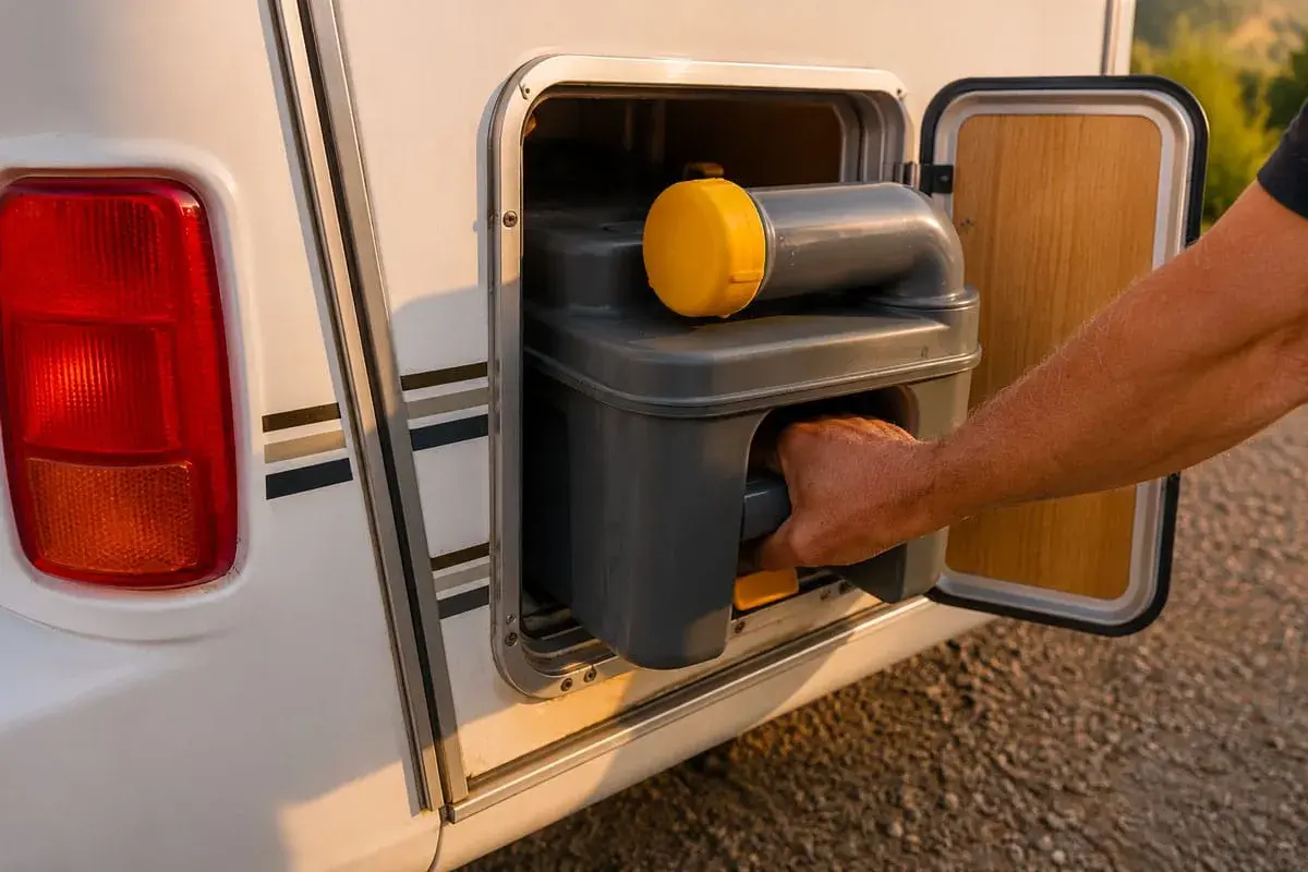 Maintenant, je retire le réservoir d'eau grise du camping-car pour le vider.