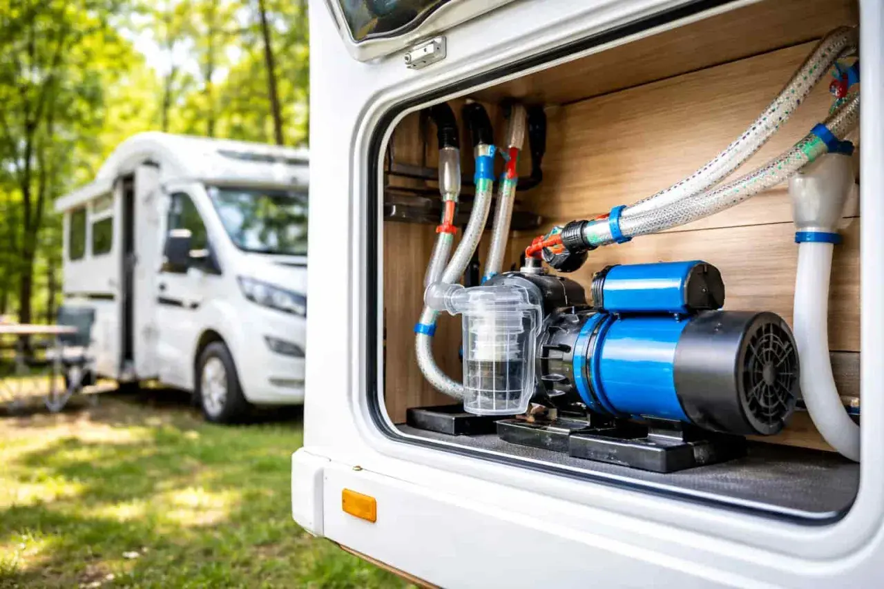 Pompe à eau de camping-car, élément clé pour la durée de vie de votre système. Vue rapprochée du moteur bleu et du filtre transparent.