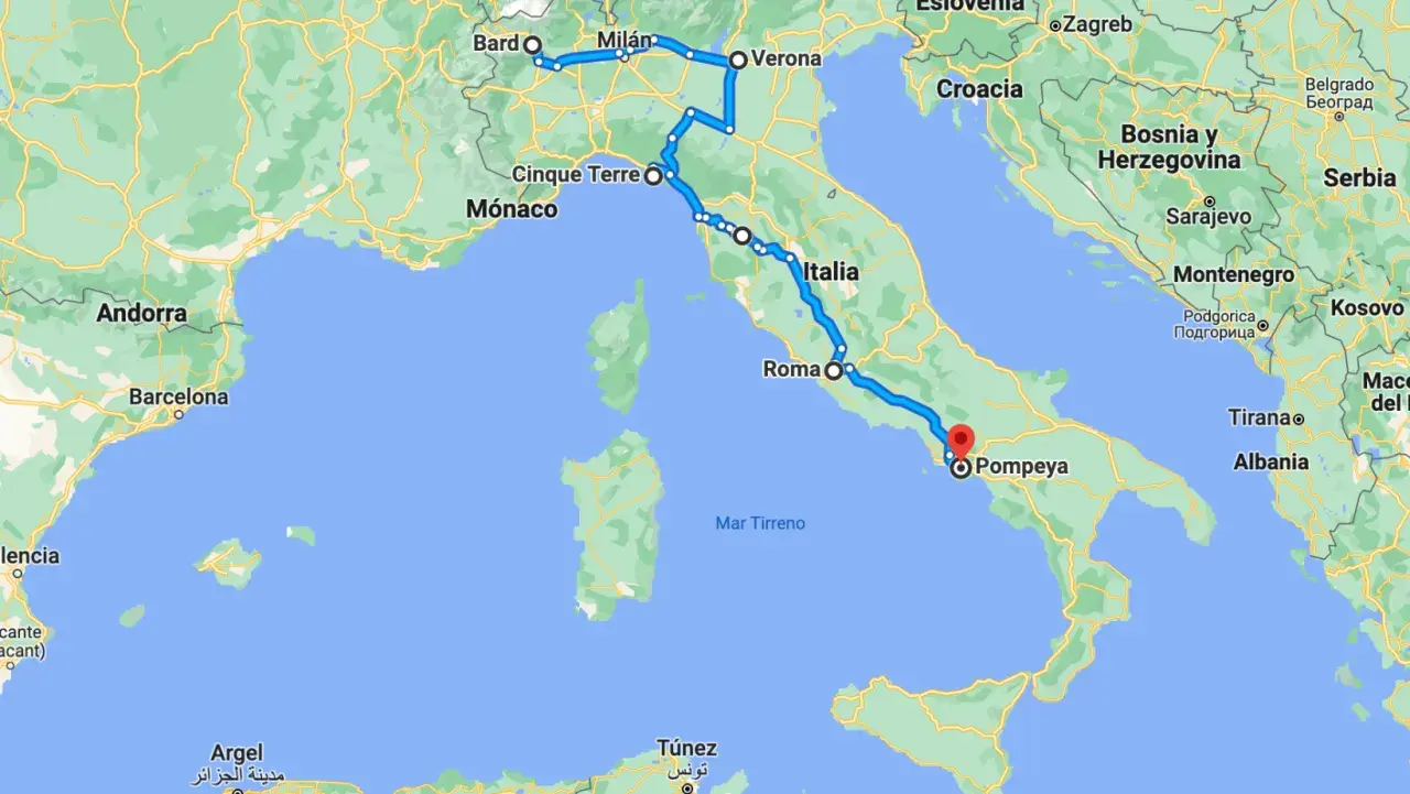 Carte d'un itinéraire en camping-car en Italie du Nord, de Bard à Pompéi, passant par Milan, Vérone, Cinque Terre et Rome.