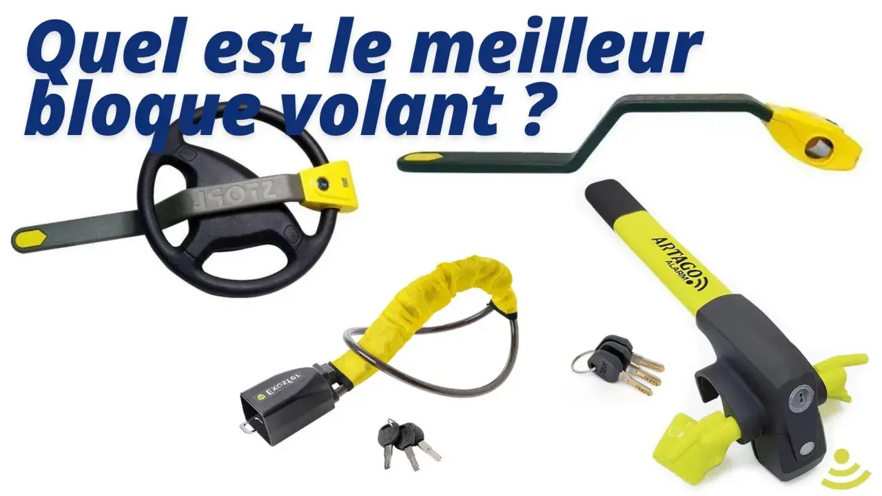 Comparatif d'antivols pour camping-car : un modèle universel, un antivol de volant, une chaîne jaune et un modèle avec alarme.