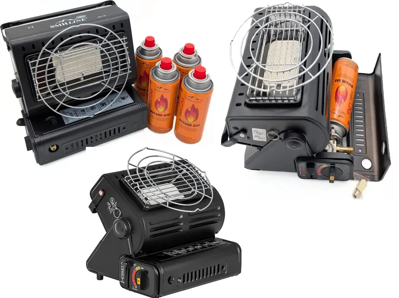 Chauffage gaz camping-car : plusieurs appareils et cartouches de butane. Attention au danger d'utilisation en intérieur.