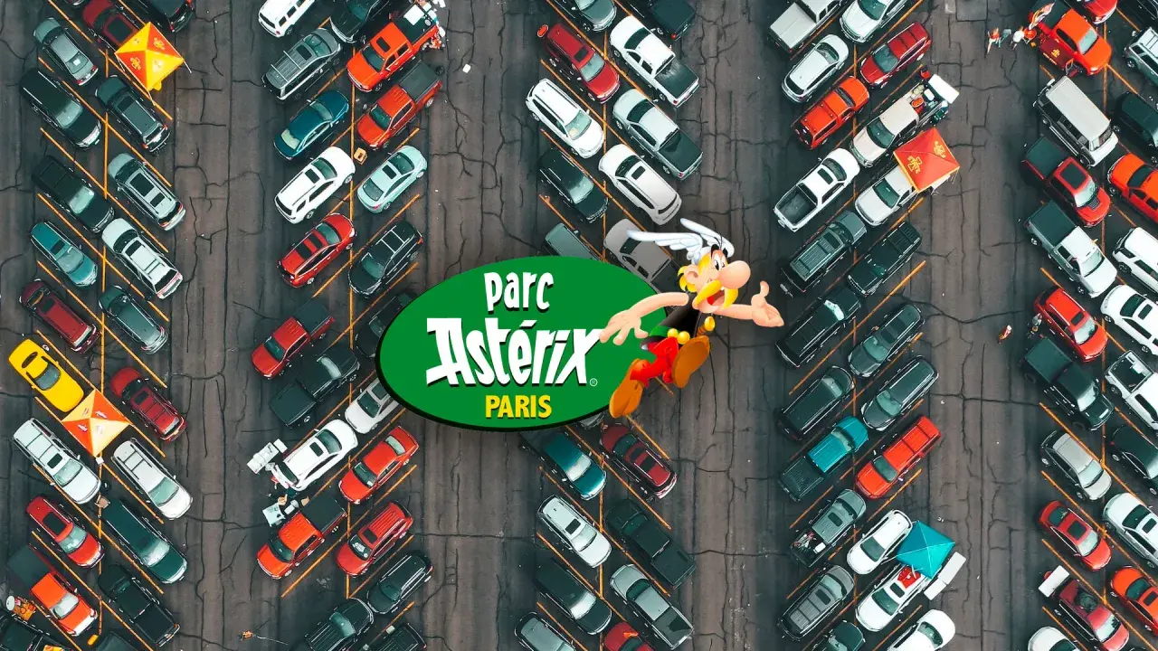Vue aérienne d'un parking rempli de voitures, avec le logo du Parc Astérix et Astérix lui-même. Idéal pour un camping-car !