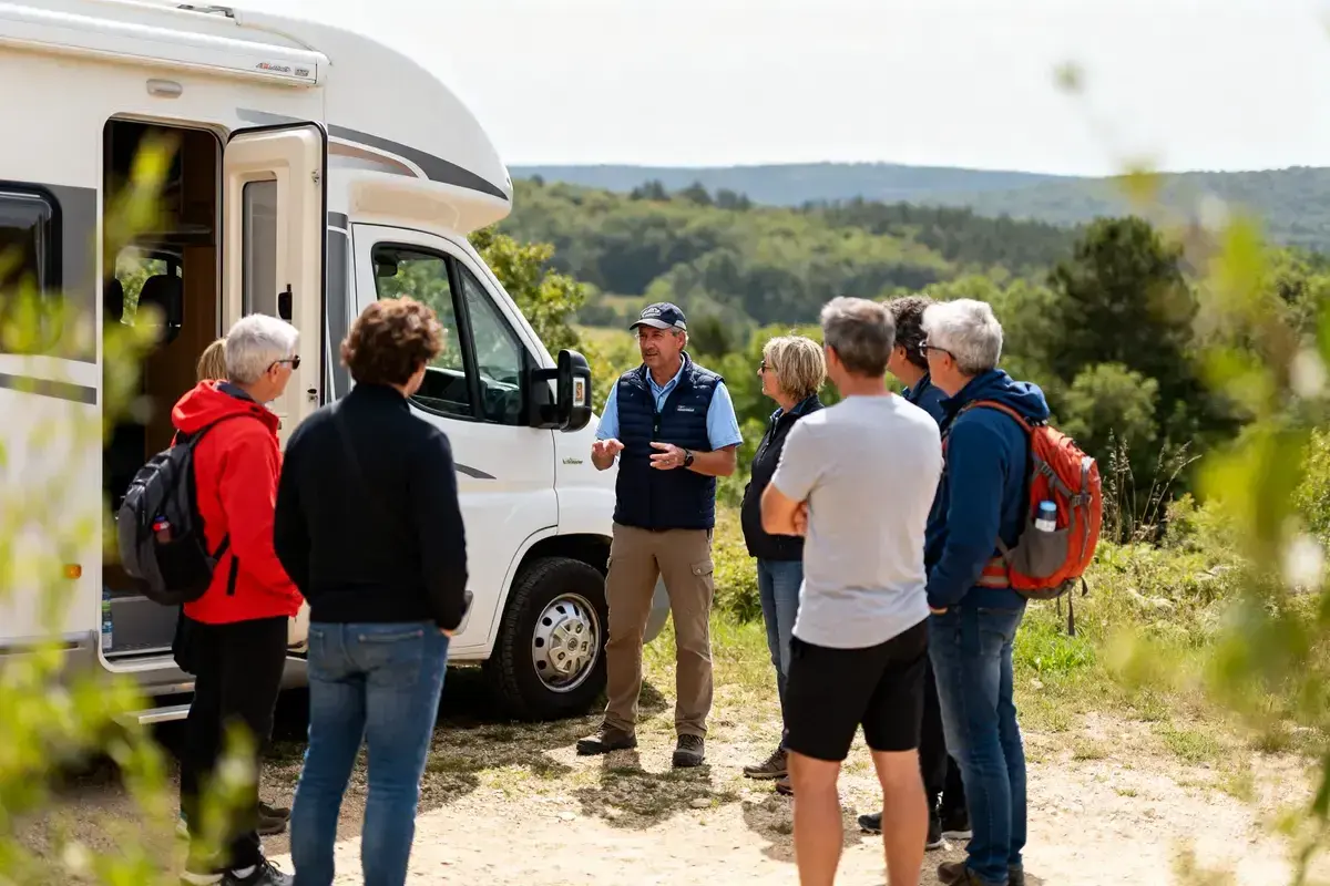 Un groupe écoute un guide près d'un camping-car, prêt pour des sorties organisées en camping-car dans un paysage verdoyant.