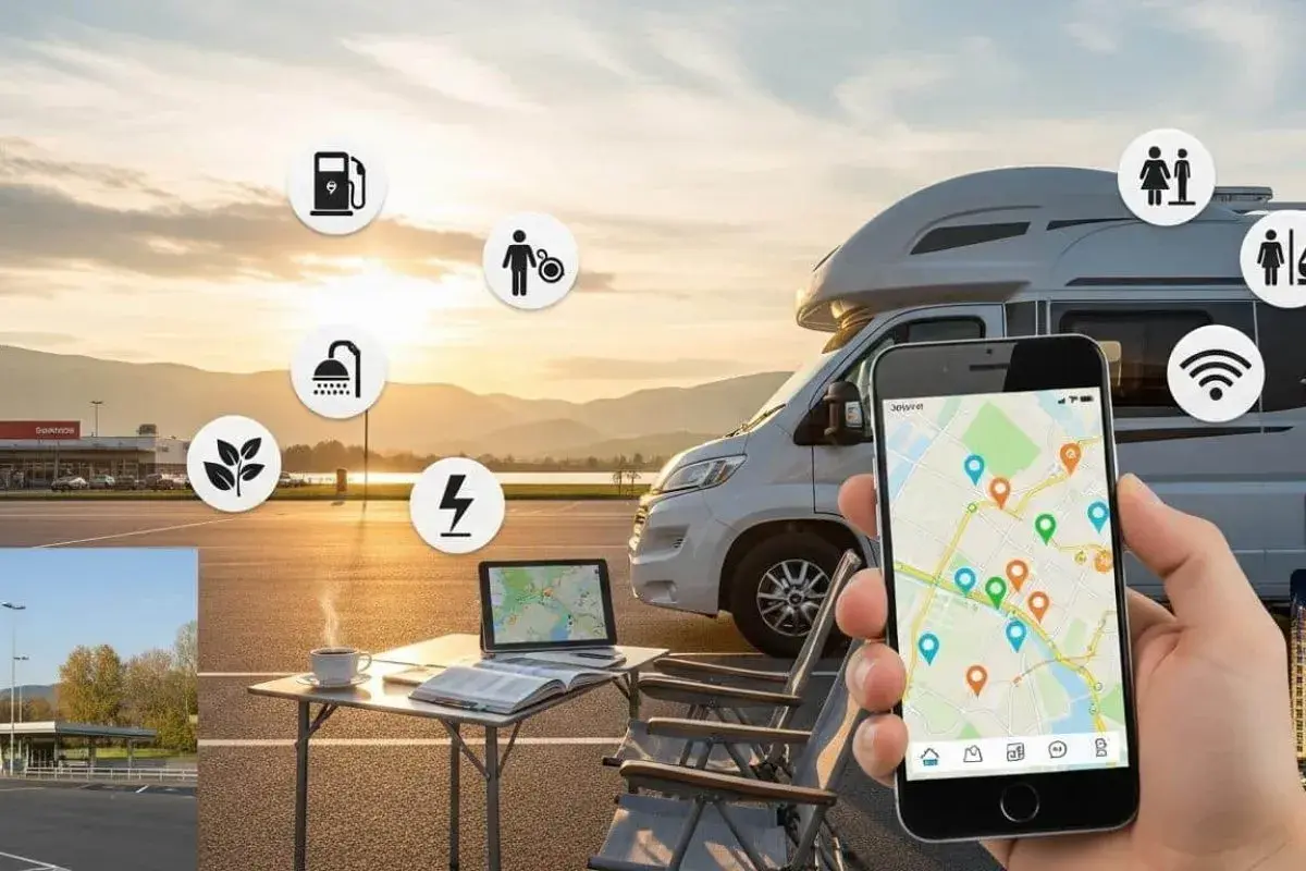 Application mobile pour trouver des services (essence, douche, électricité, etc.) pour un camping-car. Avis sur le park 4 night.