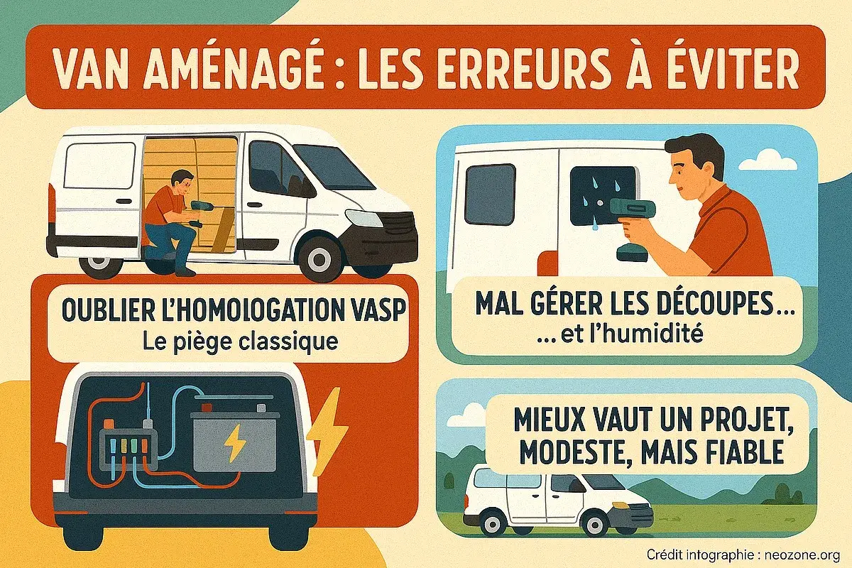 Conseils pour aménager un van : éviter l'oubli d'homologation VASP, mal gérer les découpes et l'humidité. Un projet modeste mais fiable est préférable.