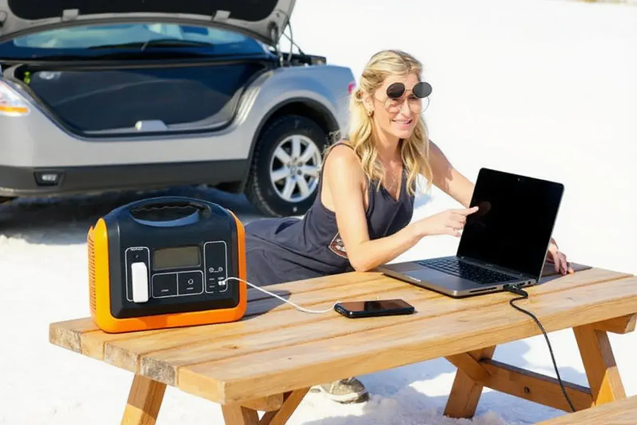 Femme travaillant sur son ordinateur portable, alimenté par un convertisseur 12 volts 220 volts camping car, près d'une voiture.