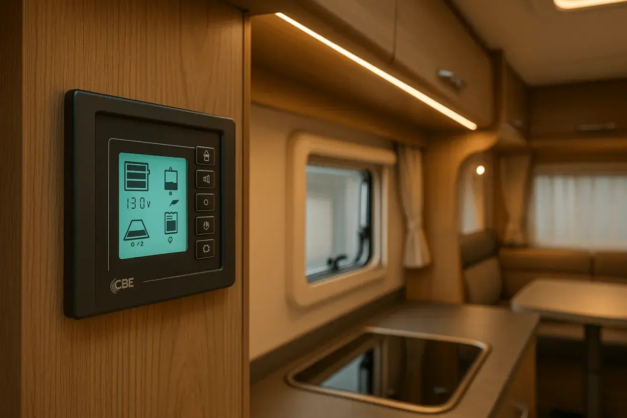 Tableau de commande cellule camping-car Fiat Ducato affichant 13.0V et l'état des batteries.