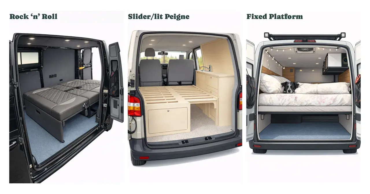 Trois aménagements de fourgons : lit escamotable, lit sur plateforme fixe avec chien, et lit modulable. Des marques de fourgon aménagé pour tous les styles de voyage.