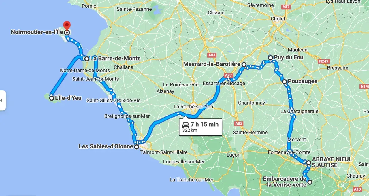 Itinéraire en camping-car en Vendée : de Noirmoutier à l'Abbaye de Nieul-sur-l'Autise, en passant par l'Île d'Yeu et le Puy du Fou. 322 km, 7h15.