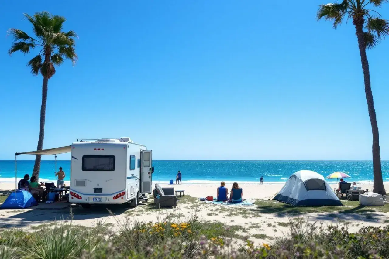 Camping-car sur une plage portugaise, idéal pour un budget voyage au Portugal en camping-car. Soleil, mer et détente.