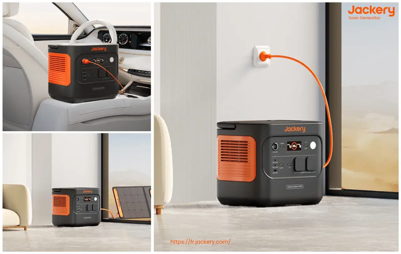 Station d'énergie Jackery en voiture, branchée au mur, et avec panneau solaire. Idéal pour savoir combien de temps pour recharger une batterie auxiliaire en roulant.