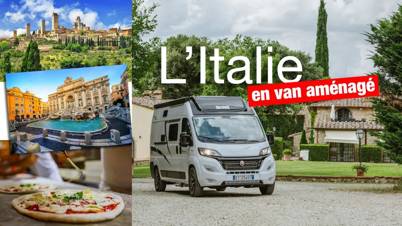 L'Italie en van aménagé : vues de San Gimignano, Fontaine de Trevi, pizzas et un van blanc.