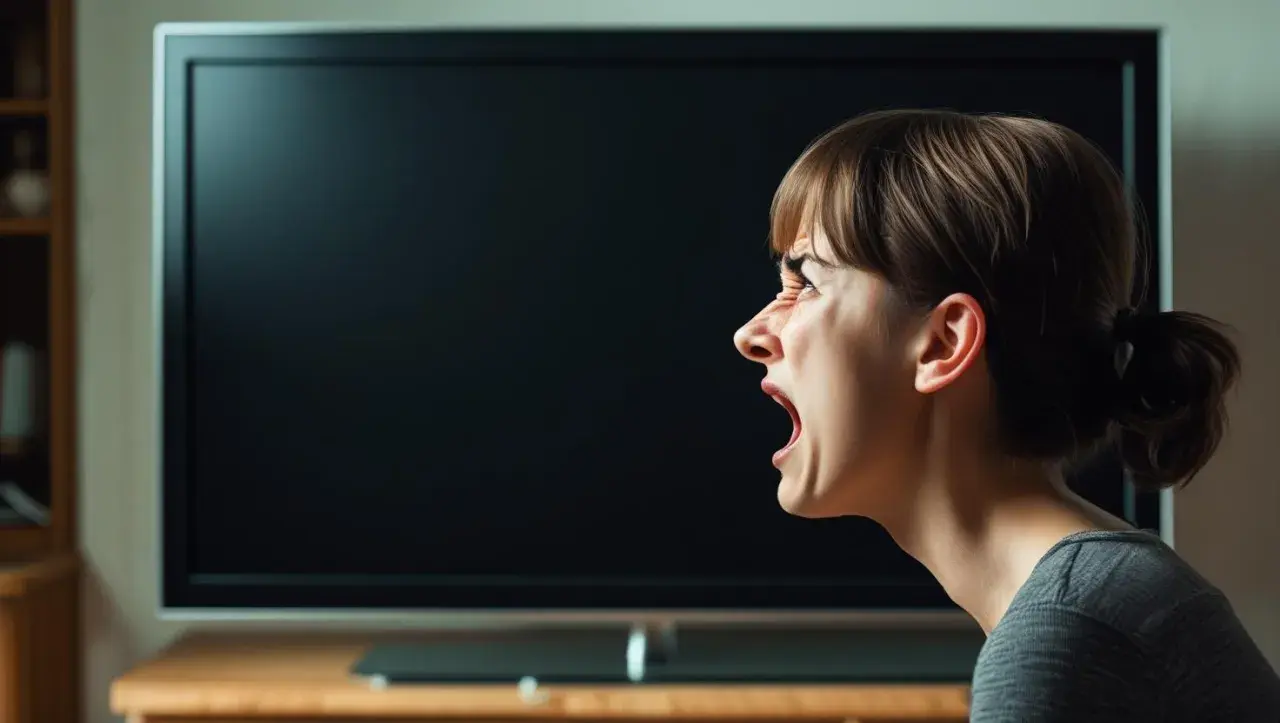 Femme criant devant une télévision éteinte, frustrée par un problème TV télécom.