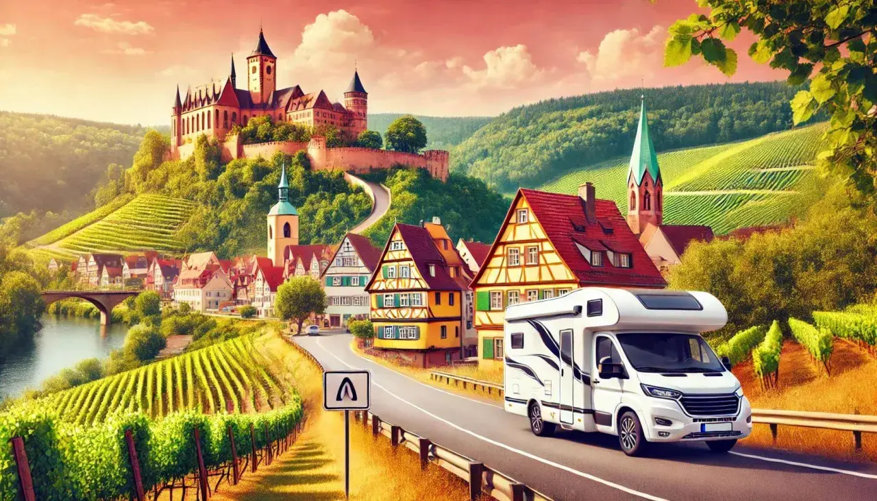 Camping-car sur une route sinueuse menant à un village pittoresque dominé par des châteaux allemands majestueux, entouré de vignobles verdoyants.