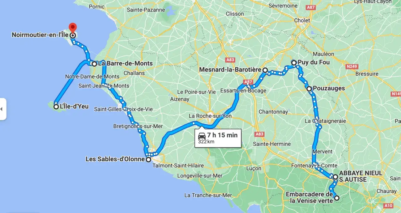 Itin&eacute;raire en camping-car en Vend&eacute;e : de Noirmoutier &agrave; l'Abbaye de Nieul-sur-l'Autise, en passant par l'&Icirc;le d'Yeu et le Puy du Fou. 322 km, 7h15.