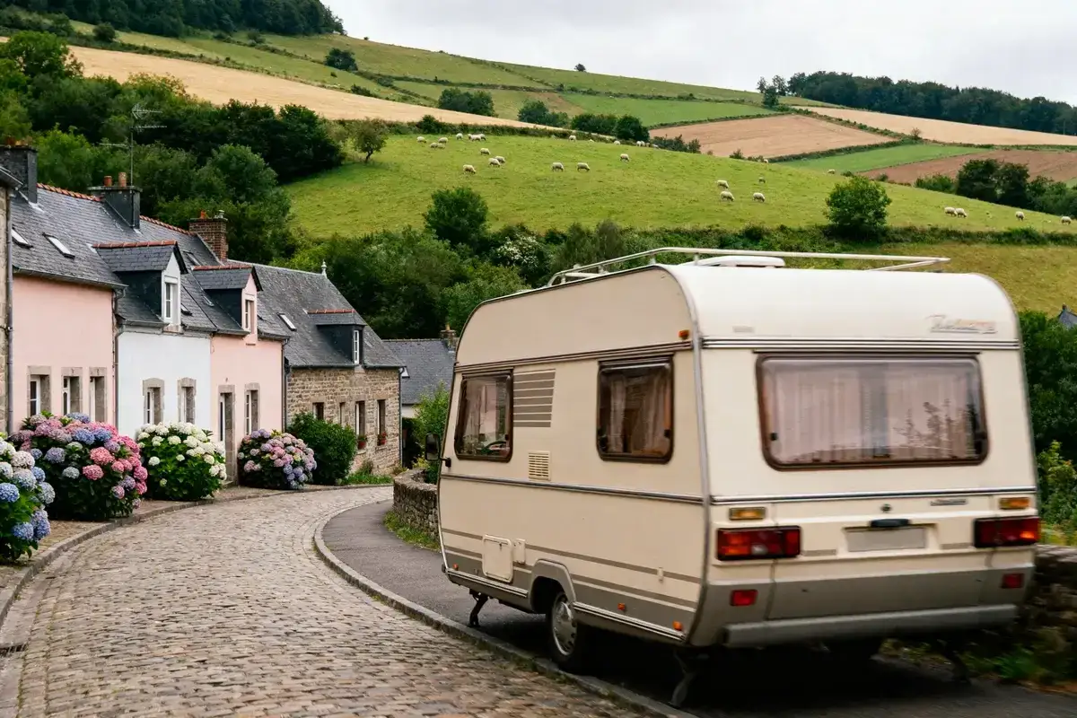 Un camping-car roule sur une route pav&eacute;e bord&eacute;e de maisons fleuries, avec des moutons dans les collines verdoyantes de Belgique en arri&egrave;re-plan.