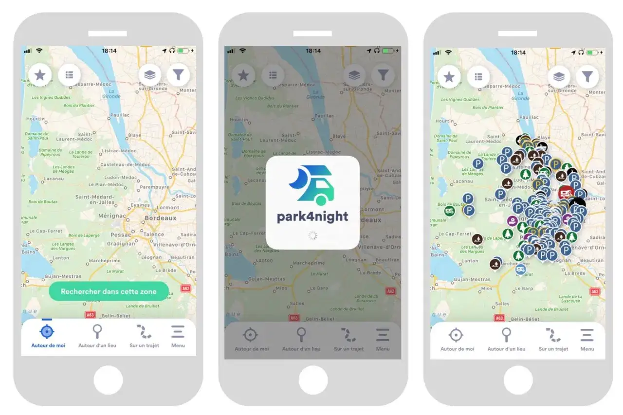 Trois &eacute;crans de smartphone affichant l'application park4night. La carte de la r&eacute;gion de Bordeaux est visible, avec de nombreux points P indiquant des lieux de stationnement pour camping-cars.
